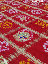 A red and multicolor pure Gaji silk bandhani odhana with zardozi work