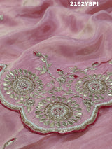 A pink Chinon silk saree with white and silver cutdana bead work and traditional border design.
