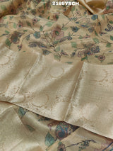 A yellow and blue floral patterned Tussar silk saree with Banarasi weaving.
