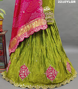 A traditional style lehenga with Bandhani style print and Gota Patti work, featuring green color