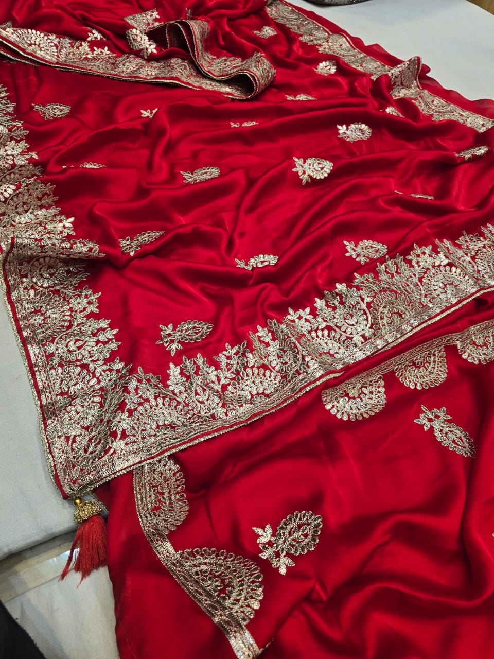 KcPc New Special Satin Crape Silk Bollywood With Gotapatti or Zarkan Mix Work Saree AMT