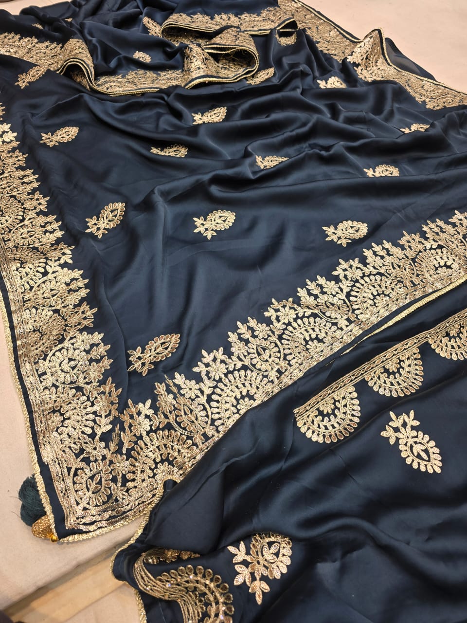 KcPc New Satin Crape Silk Bollywood With Gotapatti or Zarkan Mix Work Saree AMT