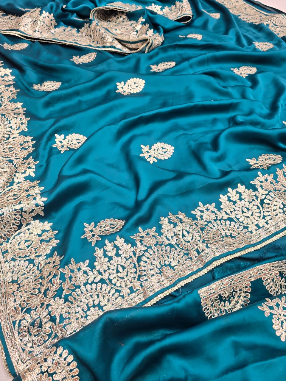 KcPc Special Satin Crape Silk Bollywood With Gotapatti or Zarkan Mix Work Saree AMT