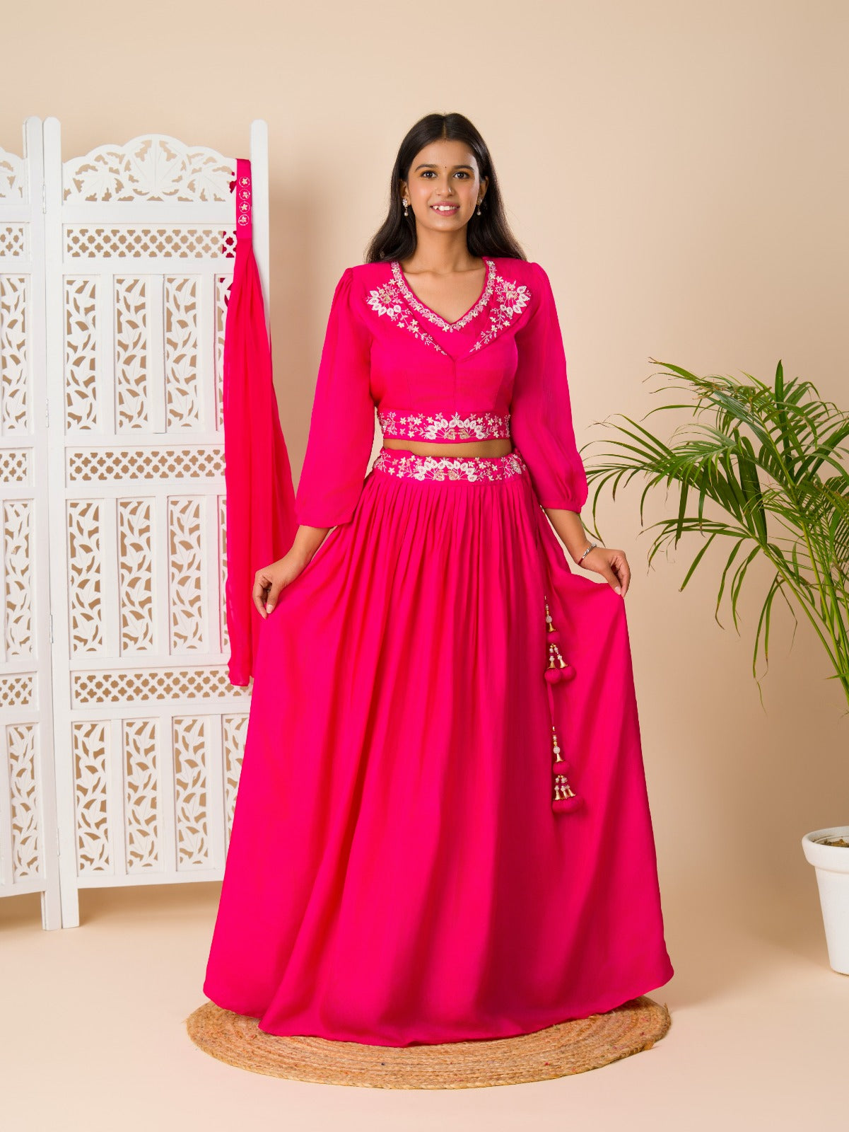 KcPc New Chinon Silk Bollywood White beads workindo western Dress MUL