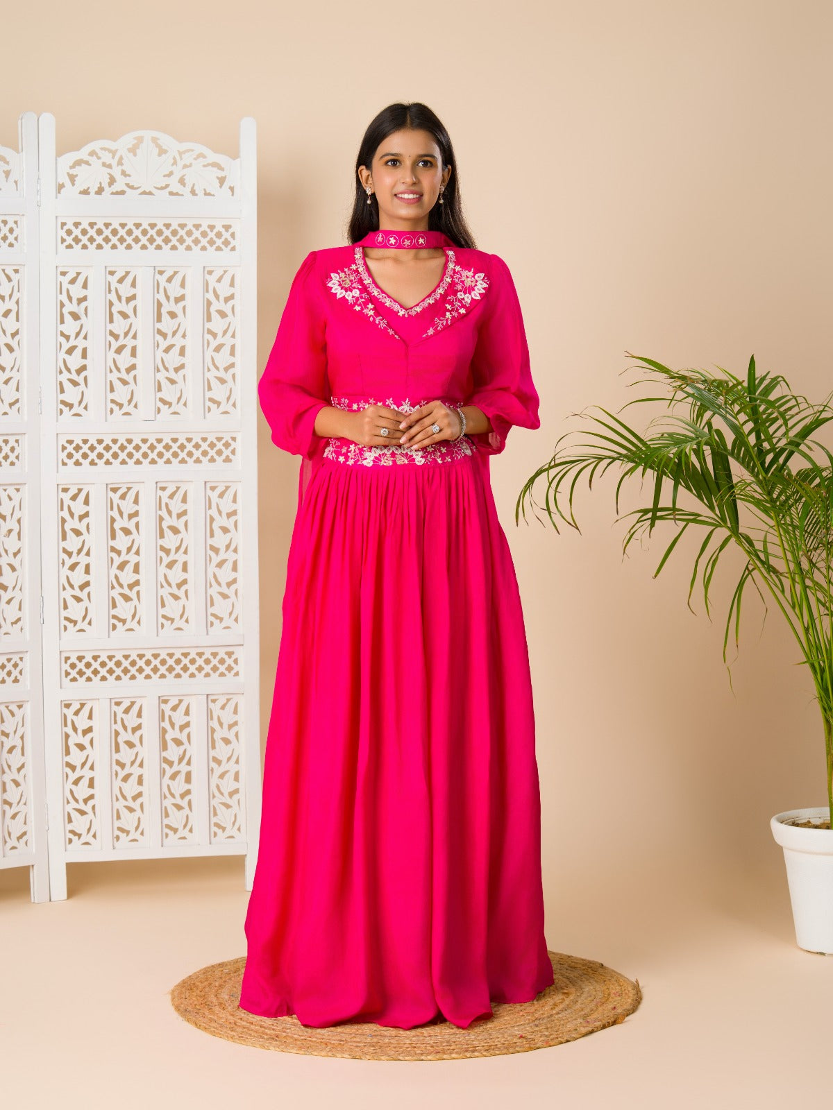 KcPc New Chinon Silk Bollywood White beads workindo western Dress MUL