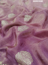 A purple Banarasi silk saree with Bollywood-style embellishments including sequins and gotapatti work, 