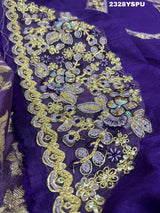 A purple Banarasi style saree with sequence embroidery work 