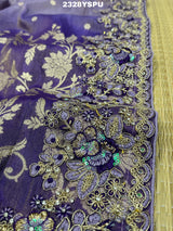 A purple Banarasi style saree with sequence embroidery work 