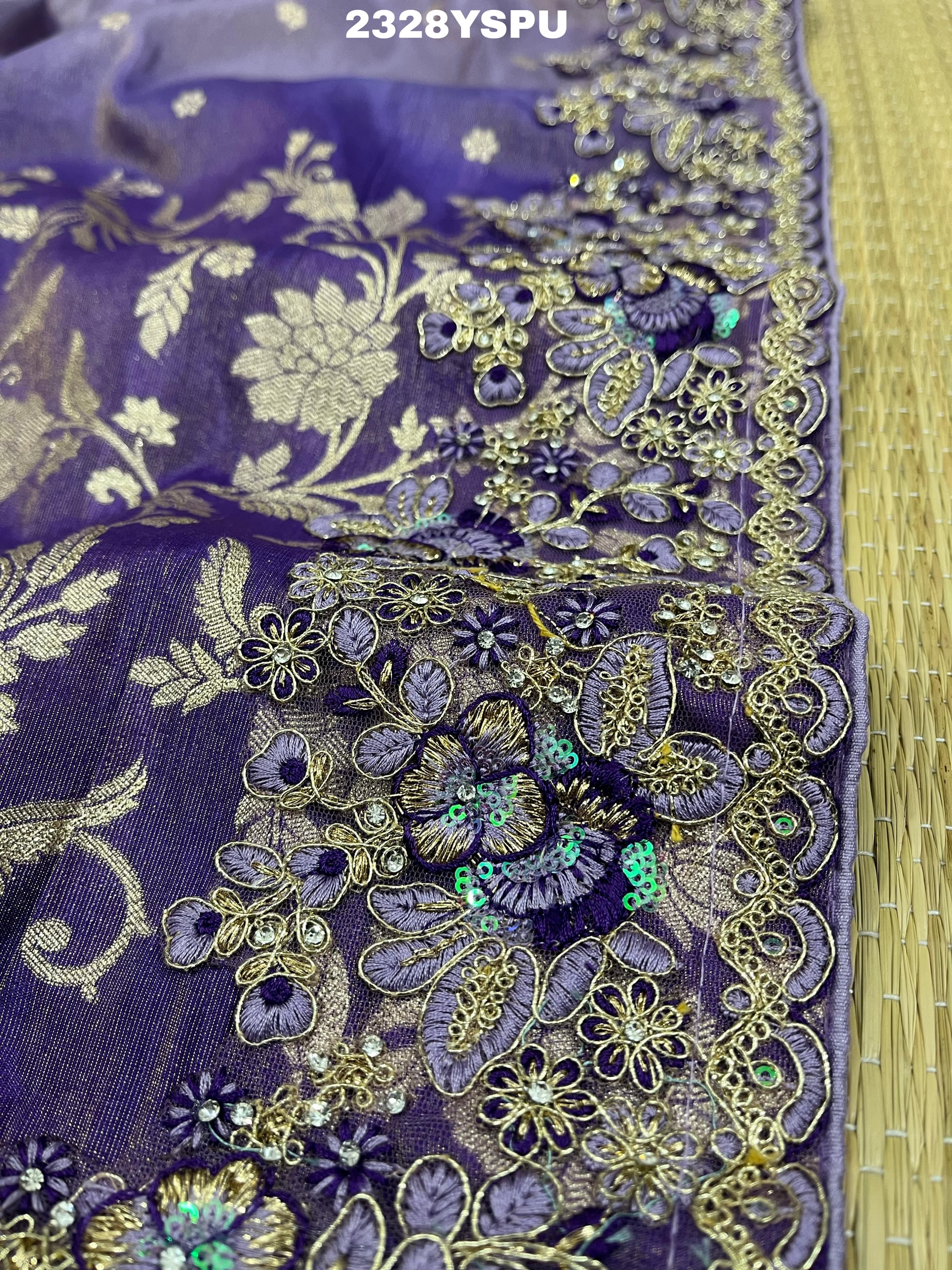 A purple Banarasi style saree with sequence embroidery work 