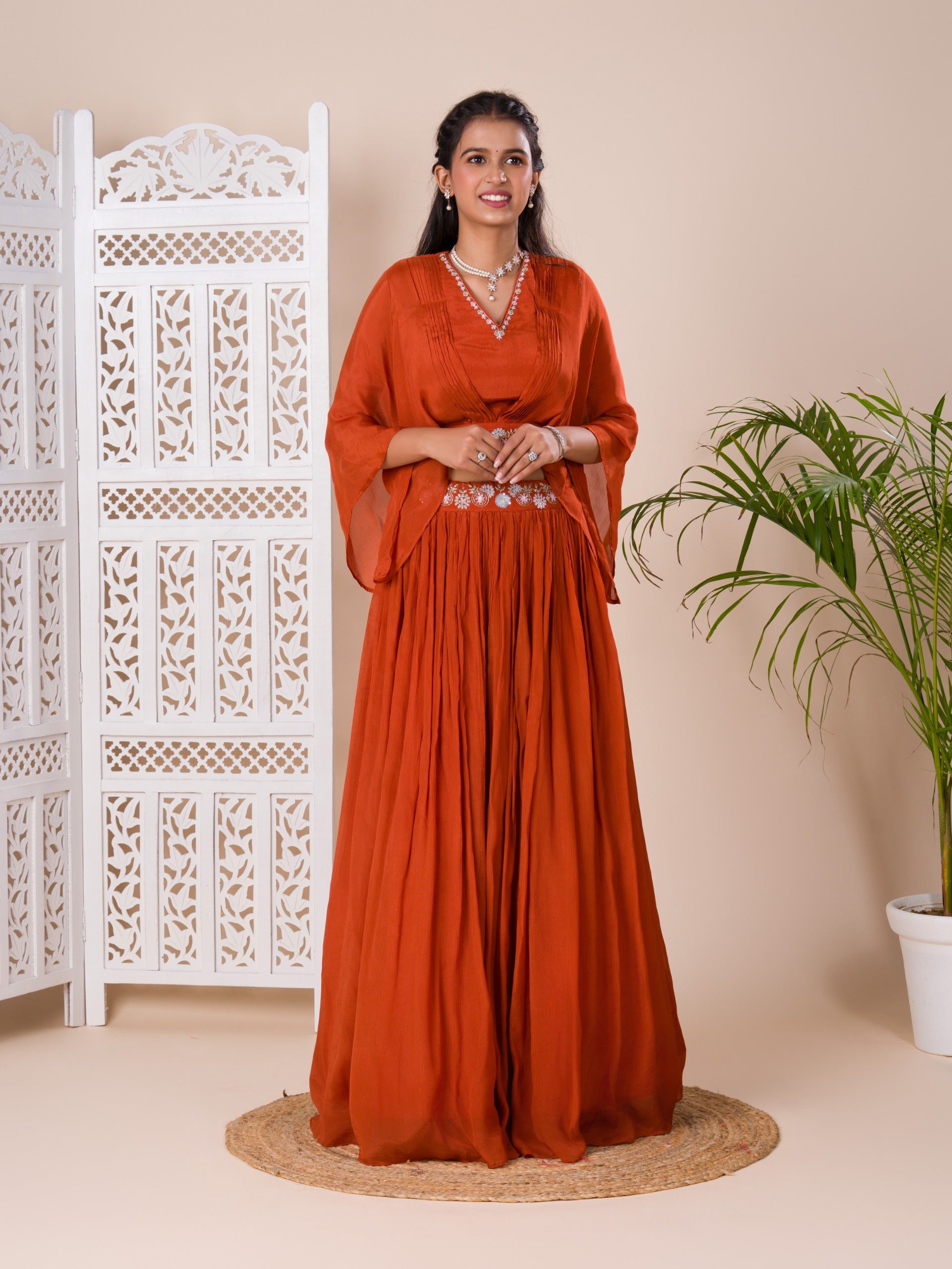 KcPc New Latest Georgette Fabric Cutdana kashida work indo western Dress MUL