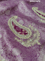 A purple Banarsi silk Bollywood style saree with sequence and gotapatti work, showing detailed patterns and embroidery.