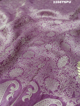 A purple Banarsi silk Bollywood style saree with sequence and gotapatti work, showing detailed patterns and embroidery.
