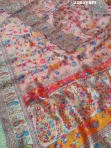 A pink and yellow cotton silk saree with Kashmiri style patterns and Meenakari weaving work.
