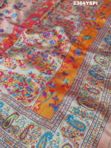 A pink and yellow cotton silk saree with Kashmiri style patterns and Meenakari weaving work.