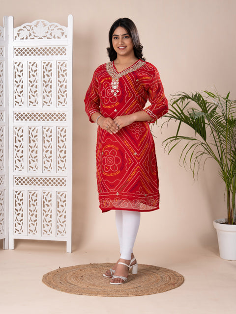 KcPc New Pure Georgette Marwadi Chunri Bandhej Gotapatti Zaridoji work Kurtis