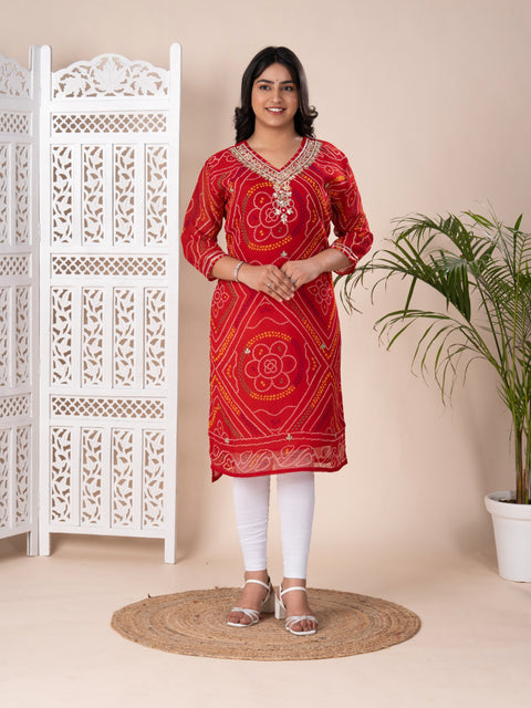 KcPc New Pure Georgette Marwadi Chunri Bandhej Gotapatti Zaridoji work Kurtis