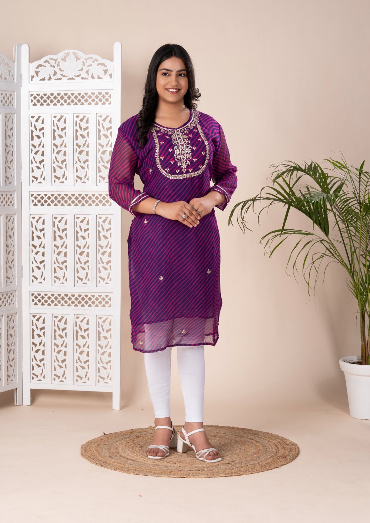 KcPc Latest New Arrival Jaipuri Traditional Marwadi Leheriya Gotapatti Handwork Long Straight KurtiKML