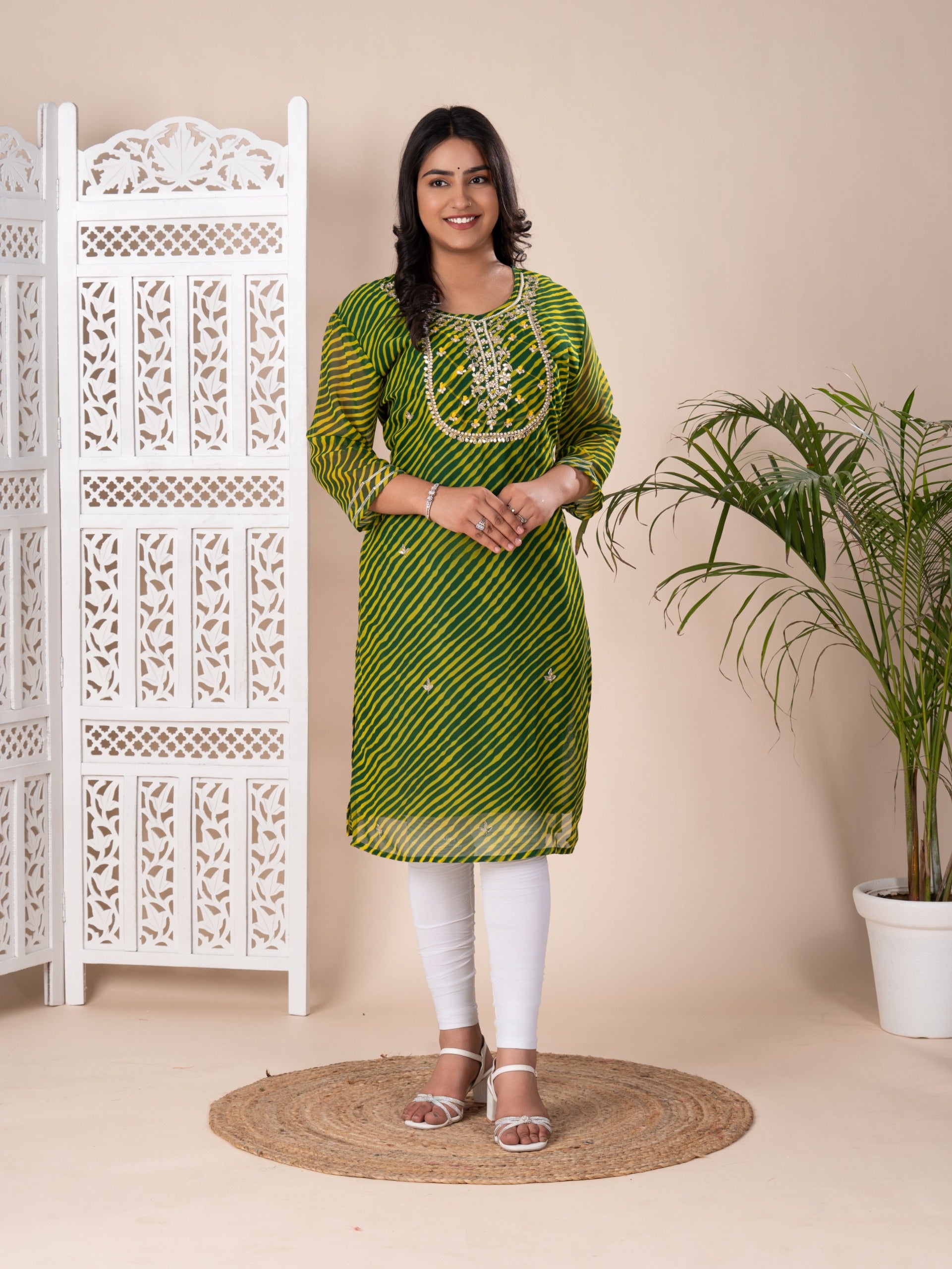 KcPcNew LetestArrival Jaipuri Traditional Marwadi Leheriya Gotapatti Handwork Long Straight KurtiKML