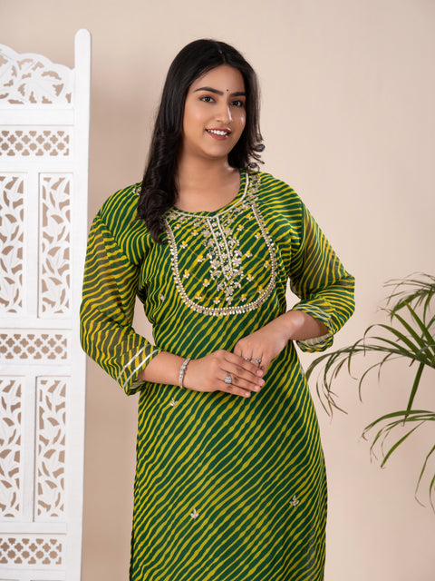 KcPc  New Letest  Arrival Jaipuri Traditional Marwadi Leheriya Gotapatti Handwork Long Straight Kurti