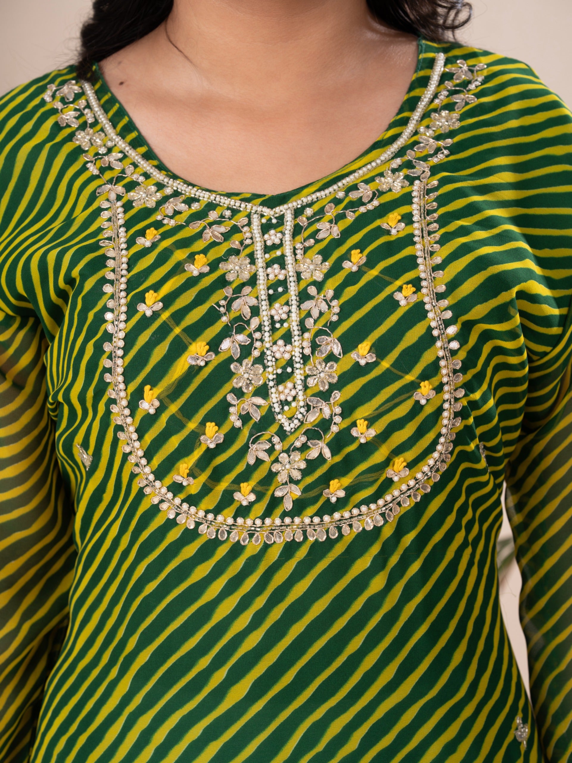 KcPcNew LetestArrival Jaipuri Traditional Marwadi Leheriya Gotapatti Handwork Long Straight KurtiKML