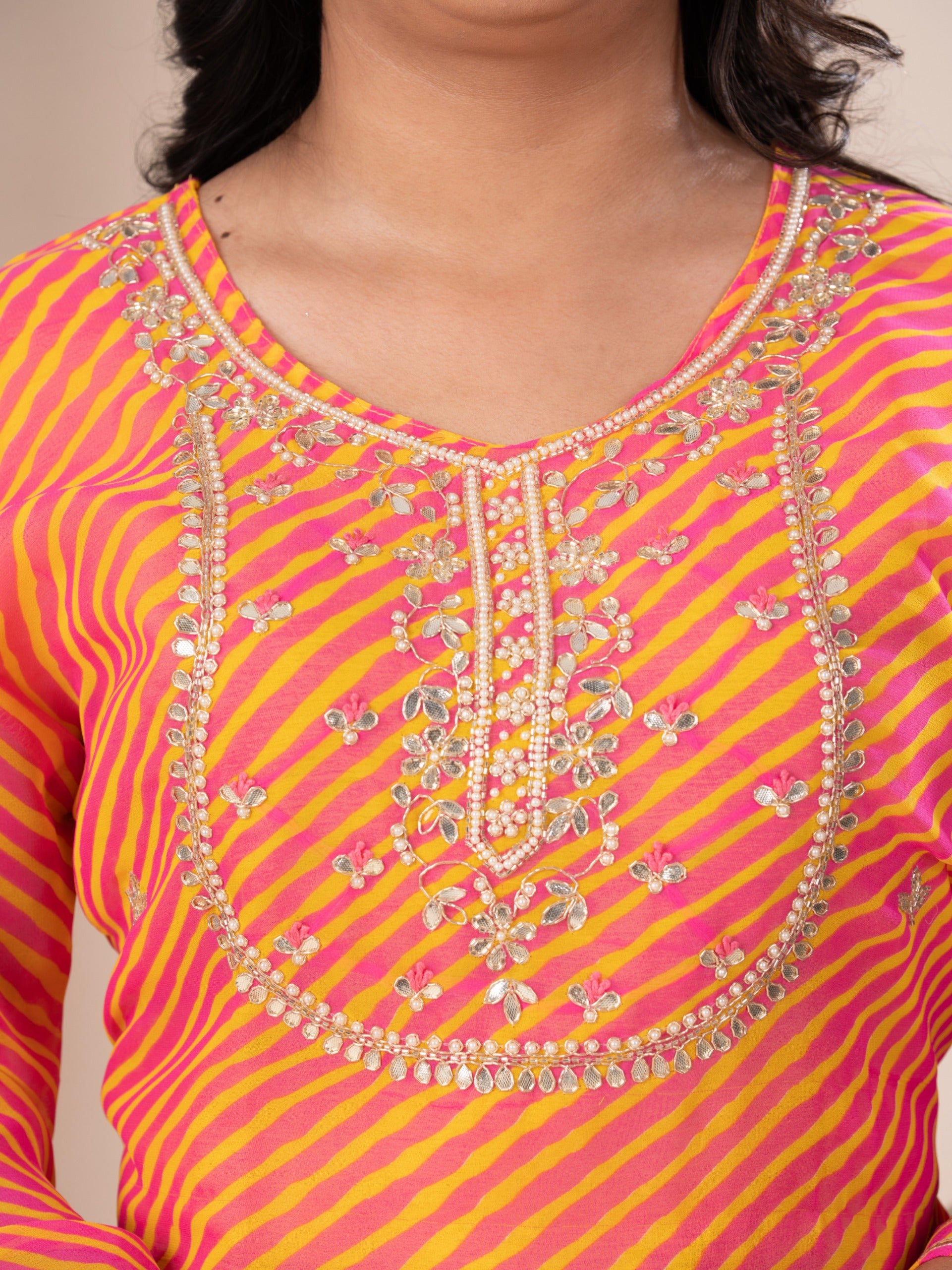 KcPcNew Arrival Jaipuri Traditional Marwadi Leheriya Gotapatti Handwork Long Straight KurtiKML