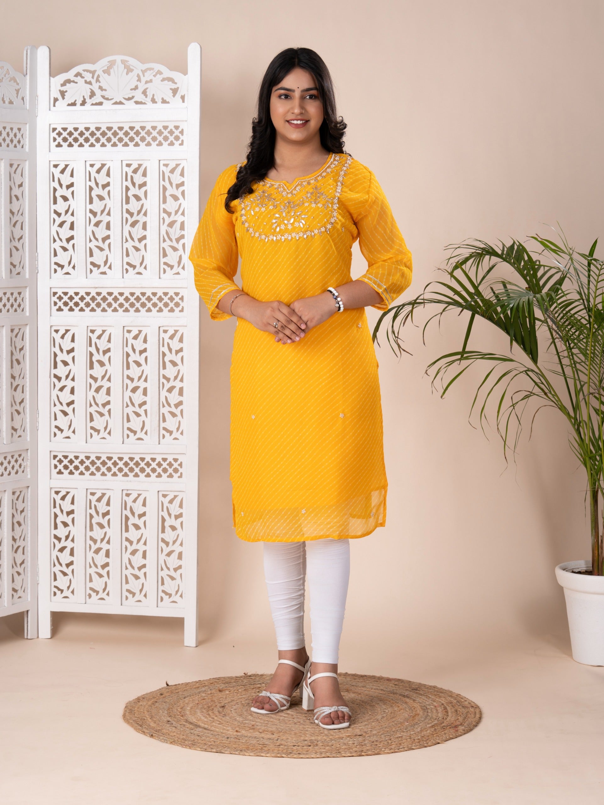 KcPc New Beautiful Jaipuri Traditional Marwadi Gotapatti Handwork Long Straight KurtiKML