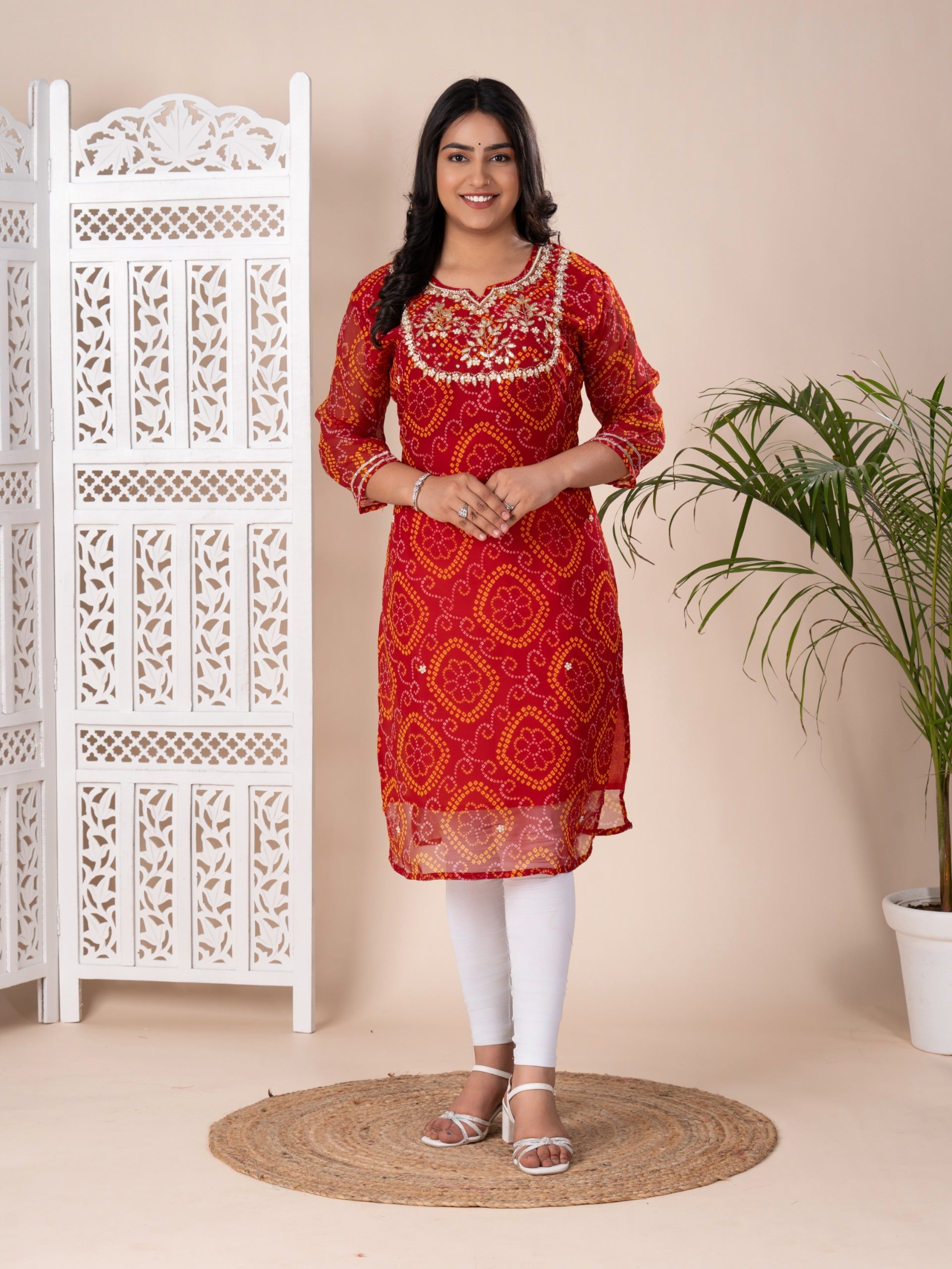 KcPc New Arrival Jaipuri Traditional Marwadi Gotapatti Handwork Long Straight KurtisKML