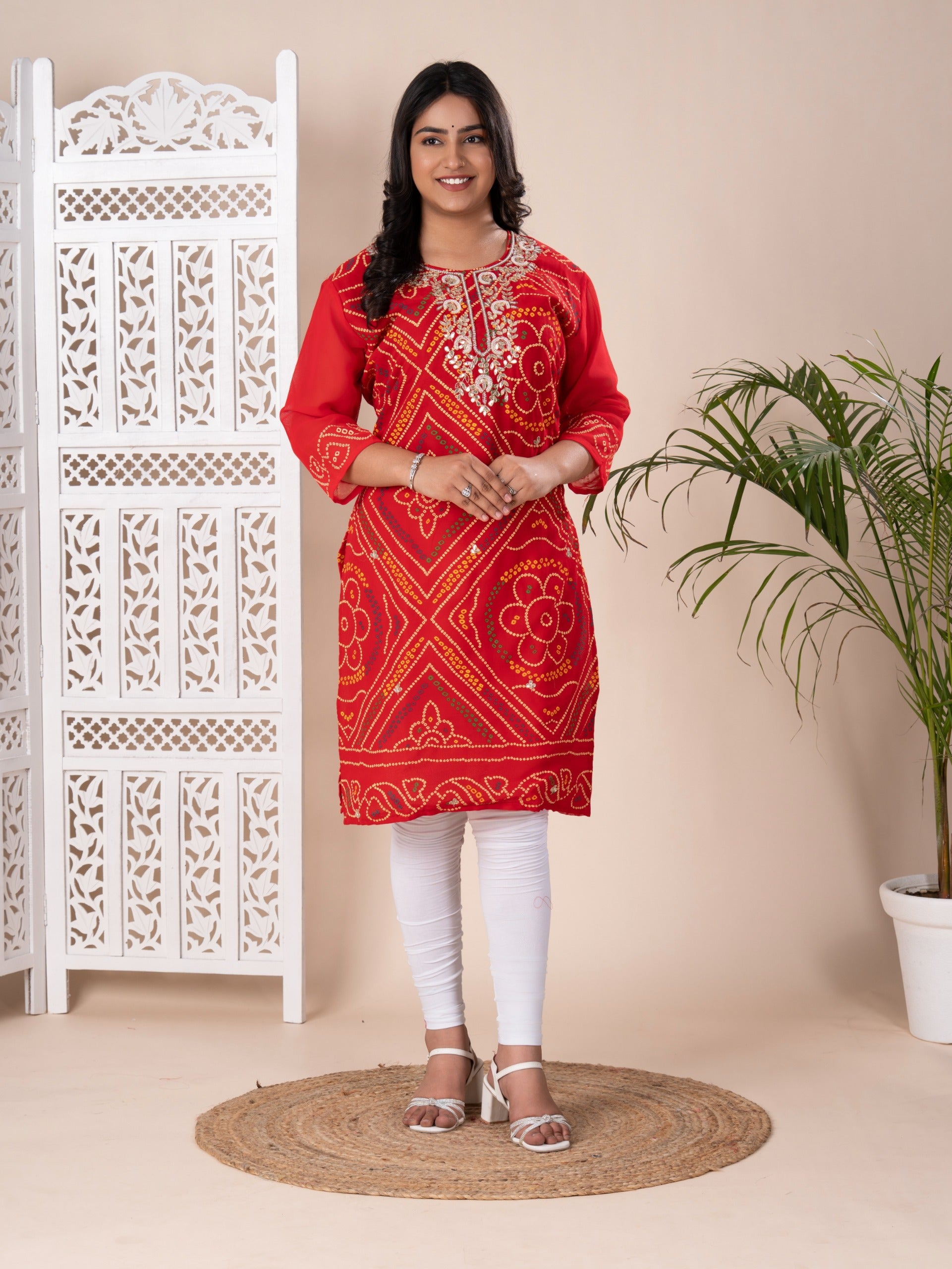 KcPc Rajasthani Pure Georgette Marwadi Chunri Bandhej Gotapatti Zaridoji work KurtisKML