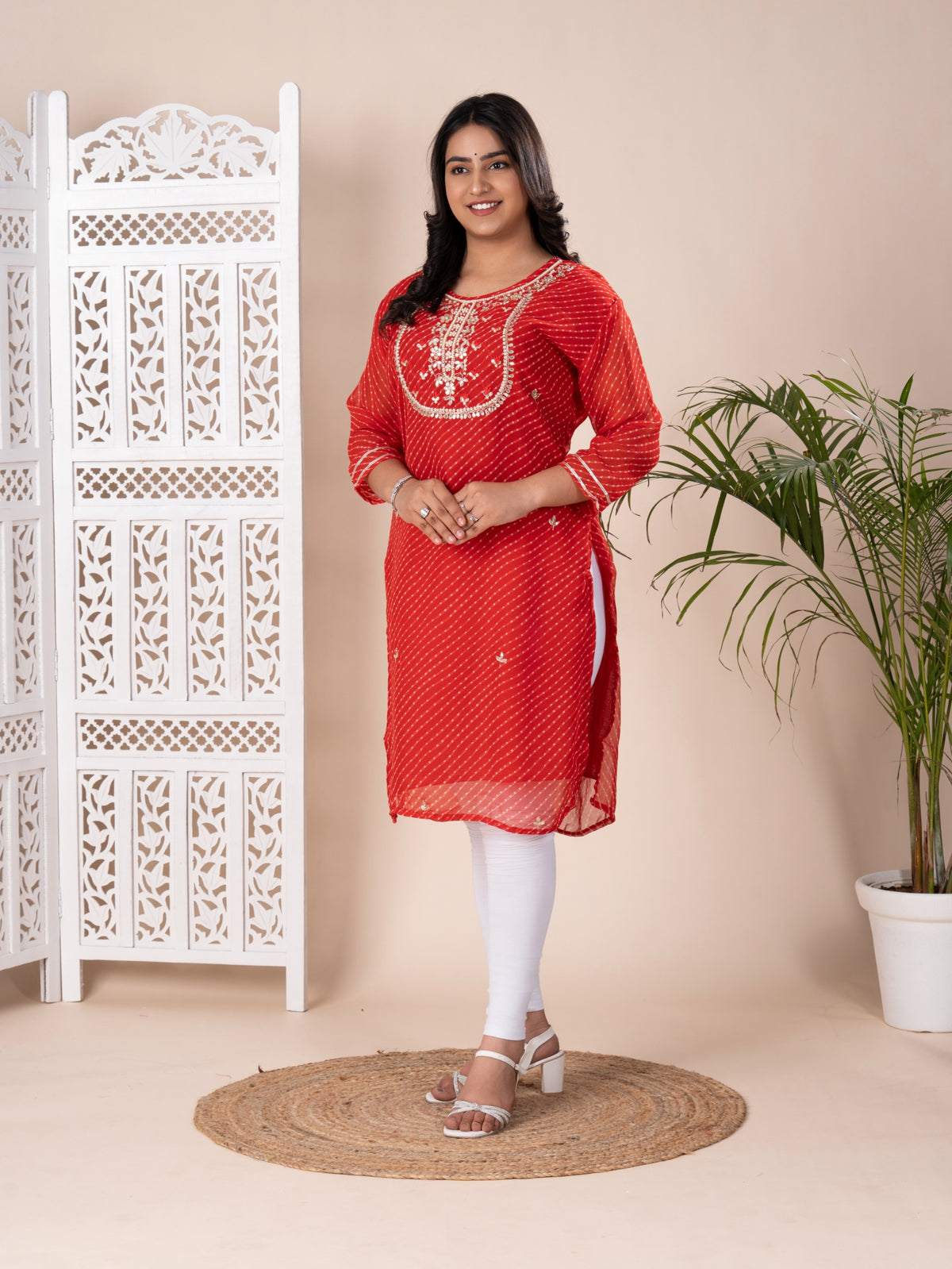 KcPc Latest New Arrival Jaipuri Traditional Marwadi Leheriya Gotapatti Handwork Long Straight KurtiKML