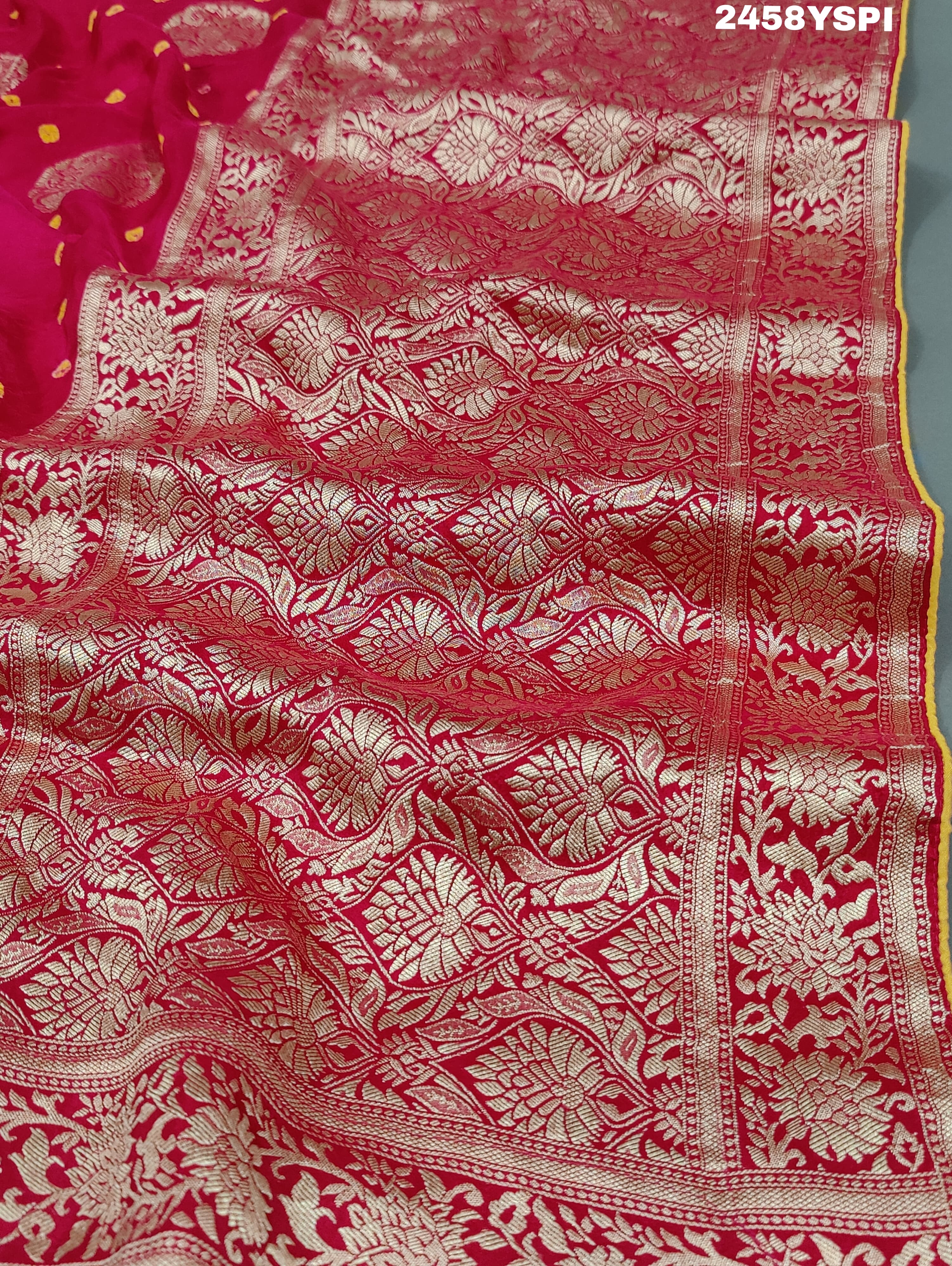A pink Dola Silk Banarasi saree with Zari weaving work