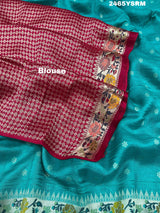 A teal saree with floral patternsBanarasi Silk Printed Style With zari weaving Work Saree 