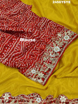 A yellow saree with red borderChinon Silk Bollywood Style With Sequence Gotapatti Work Saree 