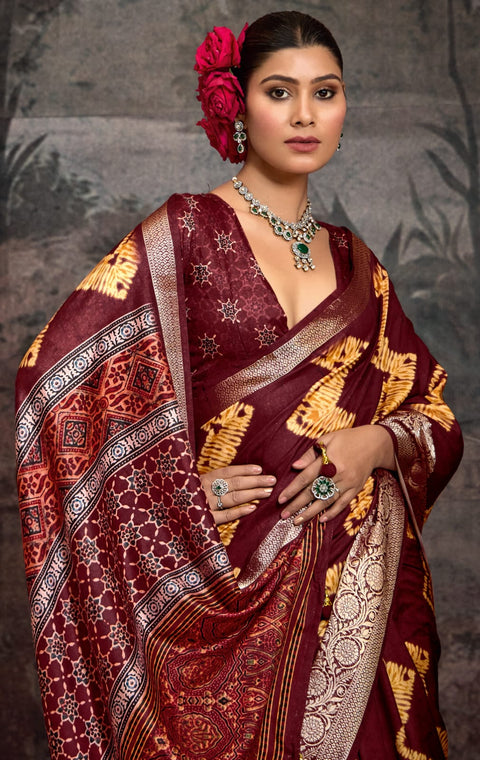 KcPc New Latest Munga Silk Printed Style With Zari Weaving  Border Work Saree STR
