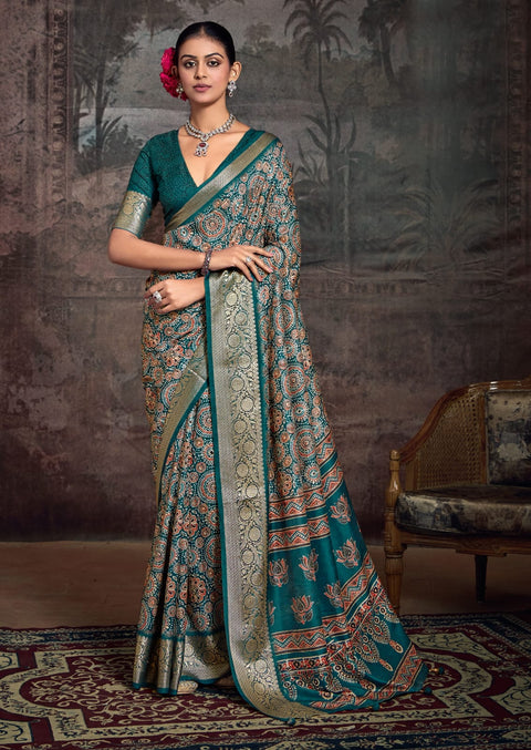 KcPc New Munga Silk Printed Style With Zari Weaving  Border Work Saree STR