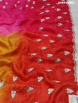 A Chinon silk saree with Gotapatti work, featuringof yellow and pink colors 