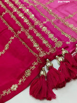 A pink saree with floral pitton work 