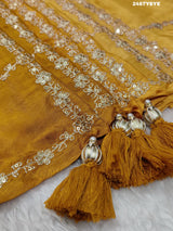 A yellow saree with floral pitton work 