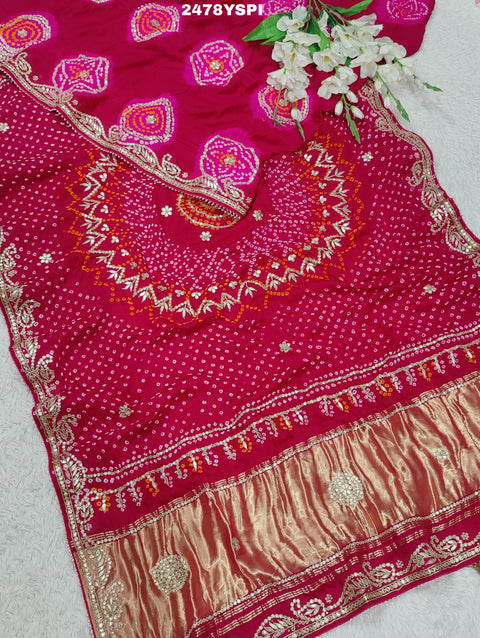 KcPc New Gaji silk Bandhani Style Wih Gotapatti Work Saree AMT