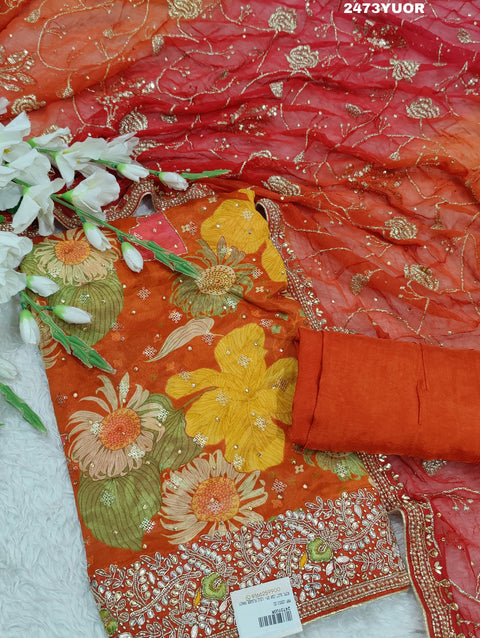 KcPc New Chinon Silk Printed Style With Cutdana Tari work Suit CSA