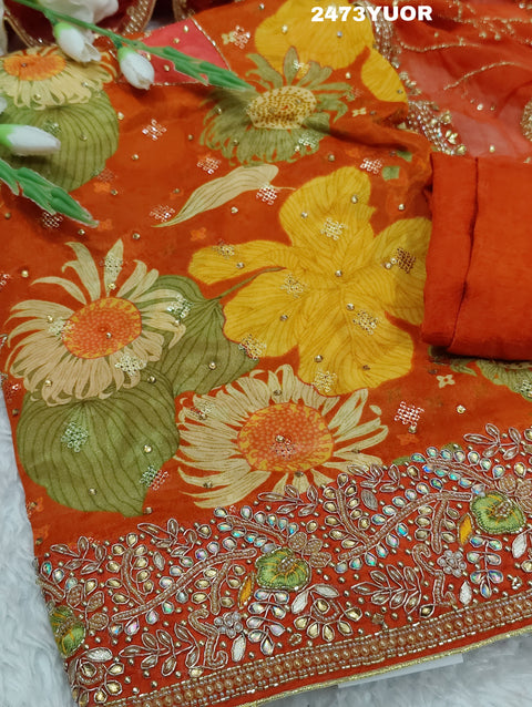 KcPc New Chinon Silk Printed Style With Cutdana Tari work Suit CSA