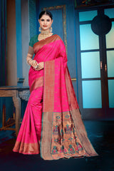 Apink and purple Banarasi Dola Silk saree with traditional Zari print work, 