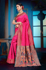 Apink and purple Banarasi Dola Silk saree with traditional Zari print work, 