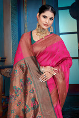 Apink and purple Banarasi Dola Silk saree with traditional Zari print work, 