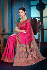Apink and purple Banarasi Dola Silk saree with traditional Zari print work, 
