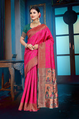 Apink and purple Banarasi Dola Silk saree with traditional Zari print work, 