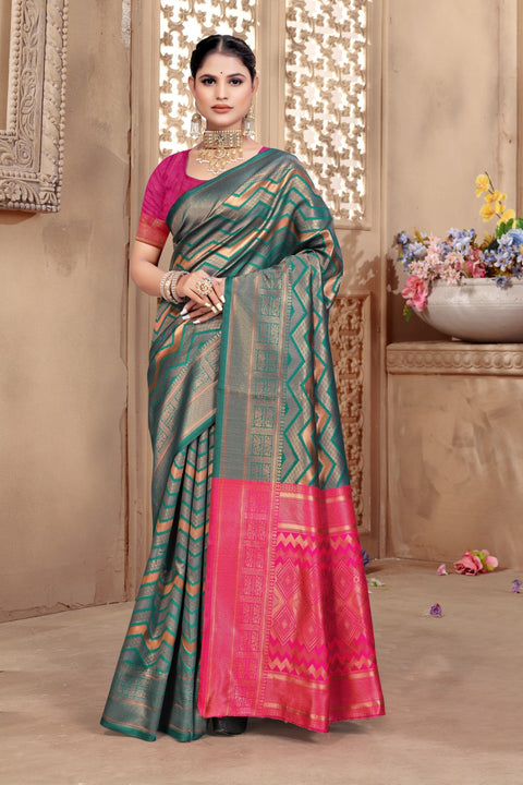 KcPc Banarasi Dola Silk with Modern Zig Zag Print and Traditional Zari Border saree DC