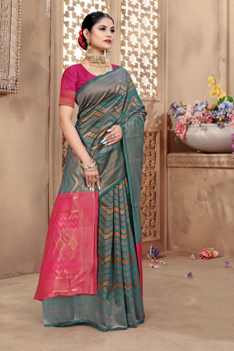 KcPc Banarasi Dola Silk with Modern Zig Zag Print and Traditional Zari Border saree DC
