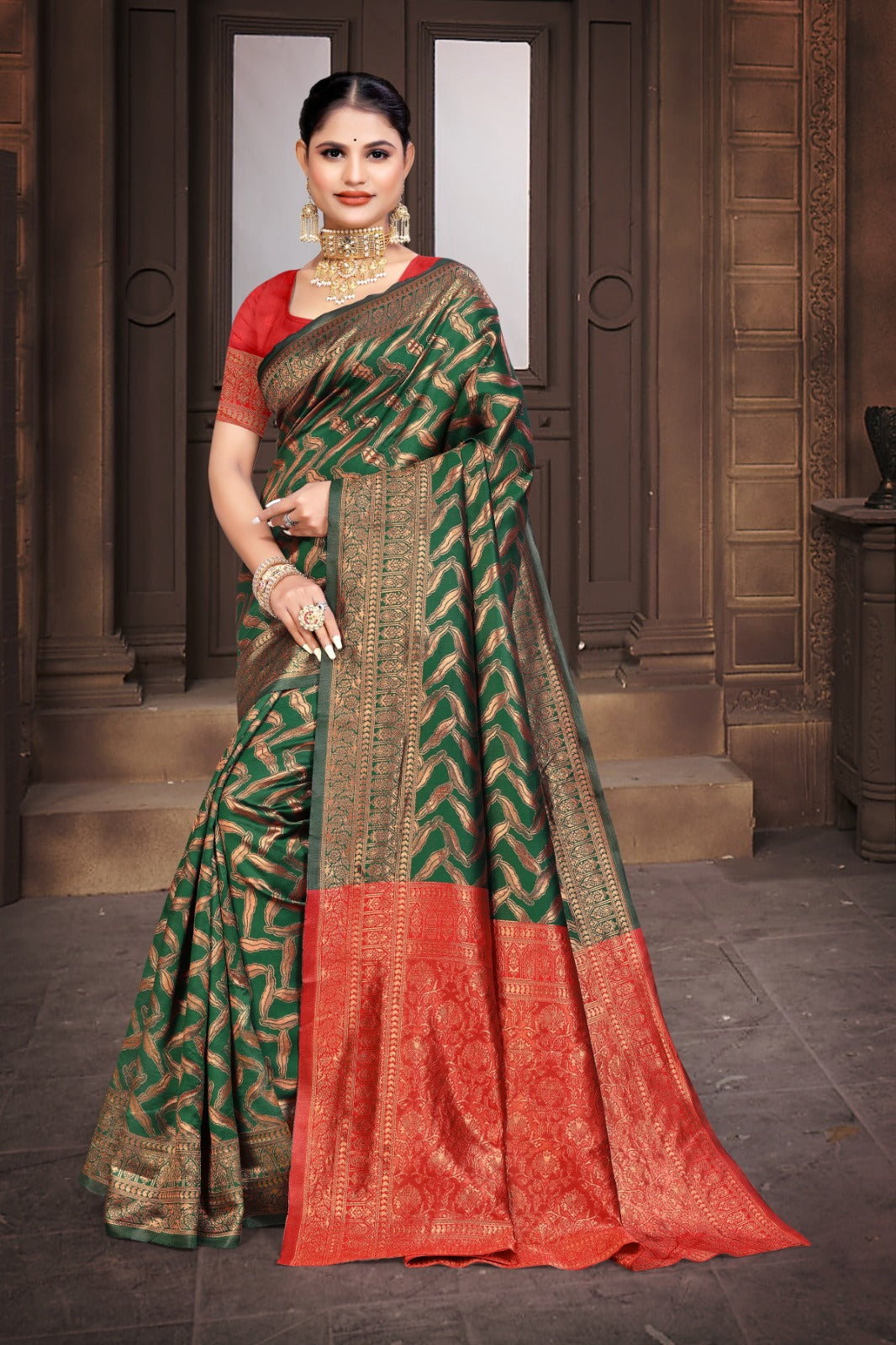 A Banarasi Dola Silk saree with a modern zig zag print and traditional zari border in green and red.