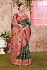 A green and red Banarasi saree with zari weaving for wedding 
