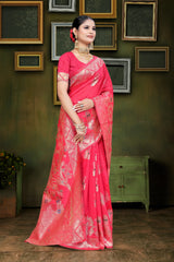 Ared and orange Banarasi saree with zari weaving and floral patterns, 